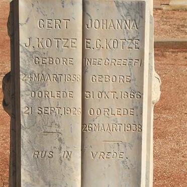 KOTZE Gert J 1858-1926 &amp; Johanna E.C. nee GREEFF 1866-1938
