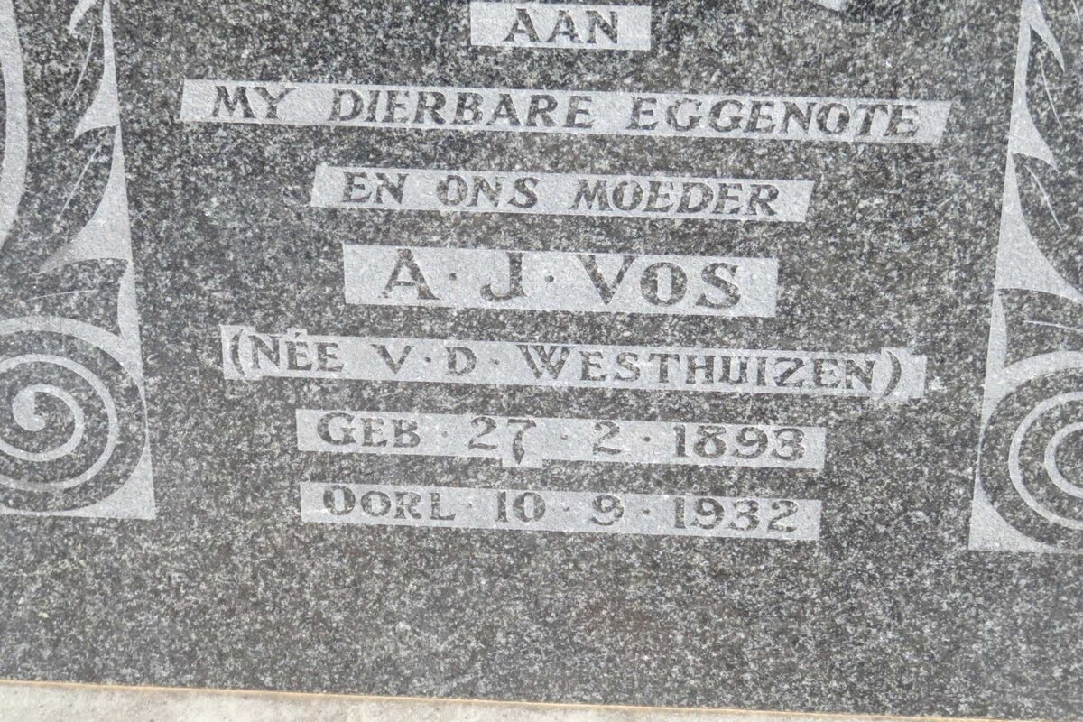 VOS A.J. nee VAN DER WESTHUIZEN 1893-1932