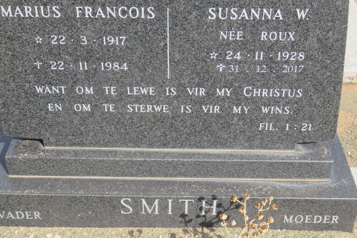 SMITH Marius Francois 1917-1984 &amp; Susanna W. ROUX 1928-2017