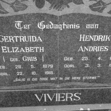VIVIERS Hendrik Andries 1875-1971 &amp; Gertruida Elizabeth GRIB 1879-1918