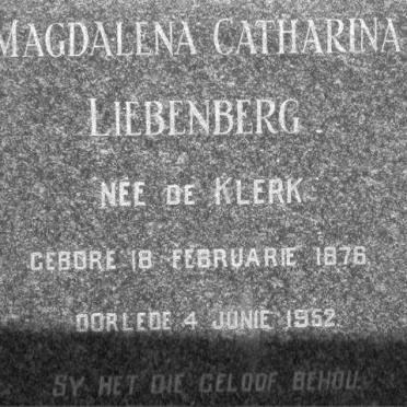 LIEBENBERG Magdalina Catharina nee DE KLERK 1876-1952