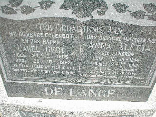 LANGE Carel Gert, de 1895-1962 &amp; Anna Aletta THERON 1894-1965