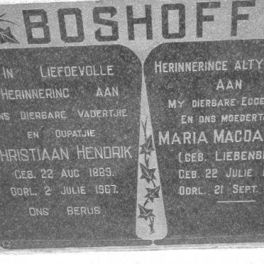 BOSHOFF  Christiaan Hendrik 1889–1967 &amp; Maria Magdalena  LIEBENBERG 1896-1965