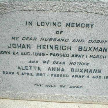 BUXMANN Johan Heinrich 1885-1953 &amp; Aletta Anna 1897-1950