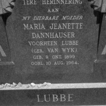 DANNHAUSER Maria Jeanette voorheen LUBBE nee VAN WYK 1899-1964
