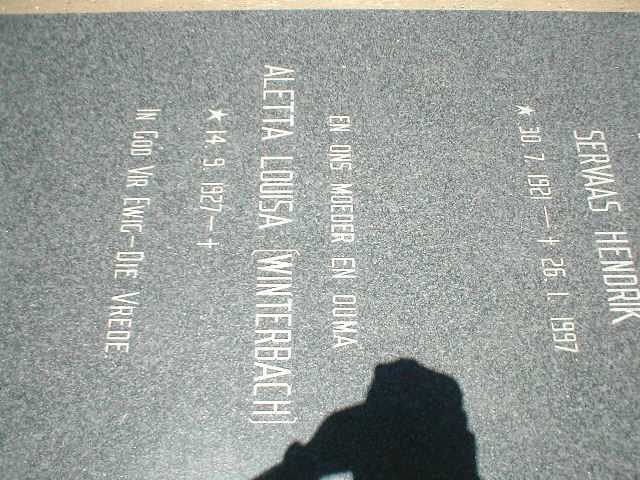 GROENEWALD Servaas Hendrik 1921-1997 &amp; Aletta Louisa WINTERBACH 1927-