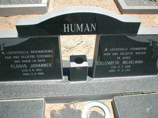 HUMAN Floris Johannes 1902-1980 &amp; Elizabeth Wilhelmina 1908-1981