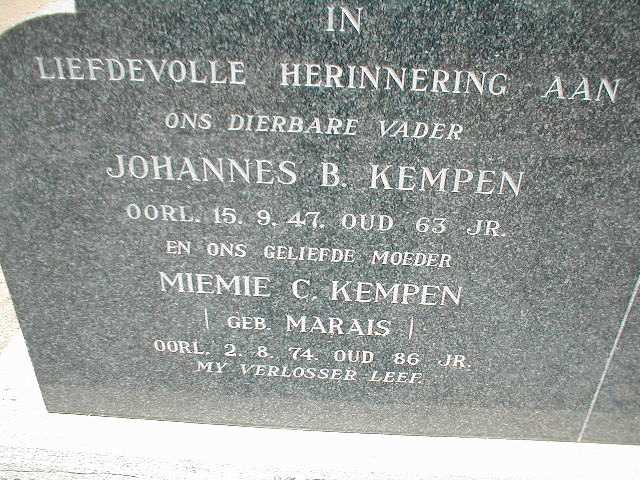 KEMPEN Johannes B. -1947 &amp; Miemie C. MARAIS -1974