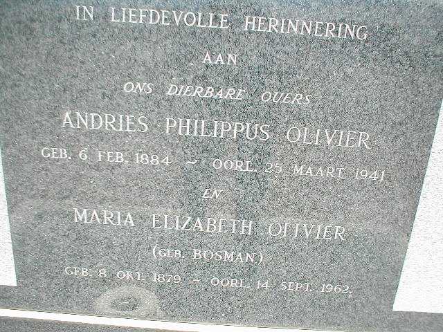 OLIVIER Andries Philippus 1884-1941 &amp; Maria Elizabeth BOSMAN 1879-1962