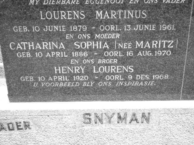 SNYMAN Lourens Martinus 1879-1961 &amp; Catharina Sophia MARITZ 1886-1970, SNYMAN Henry Lourens 1920-1968