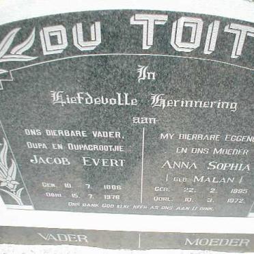 TOIT Jacob Evert, du 1886-1976 &amp; Anna Sophia MALAN 1895-1972