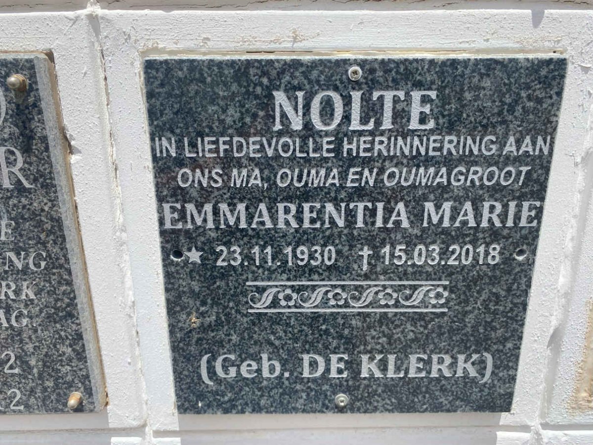 NOLTE Emmarentia Marie nee DE KLERK 1930-2018