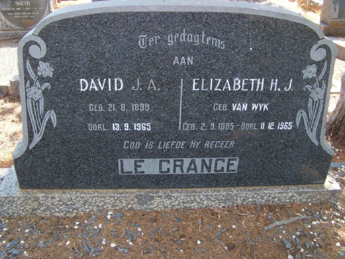 GRANGE David J.A., le 1899-1965 &amp; Elizabeth H.J. VAN WYK 1885-1965