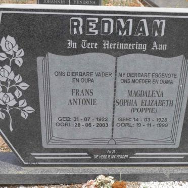 REDMAN Frans Antonie 1922-2003 &amp; Magdalena Sophia Elizabeth 1928-1999