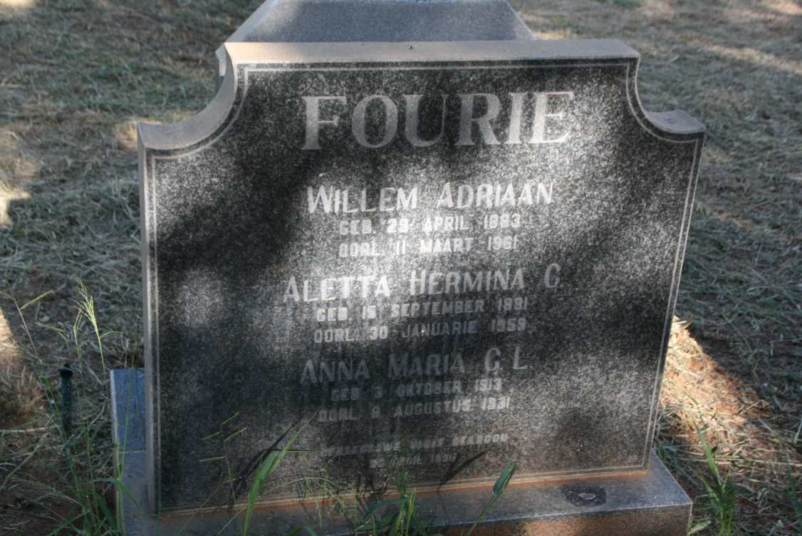 FOURIE Willem Adriaan 18?3-1961 & Aletta Hermina C. 1891-1959 :: FOURIE Anna Maria G.L. 1913-1931