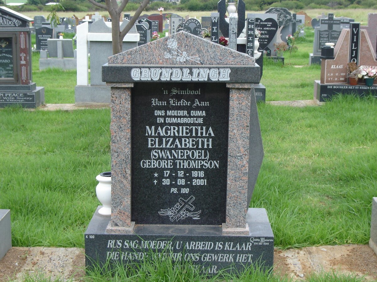 GRUNDLINGH Magrietha Elizabeth, formerly SWANEPOEL, nee THOMPSON 1916-2001