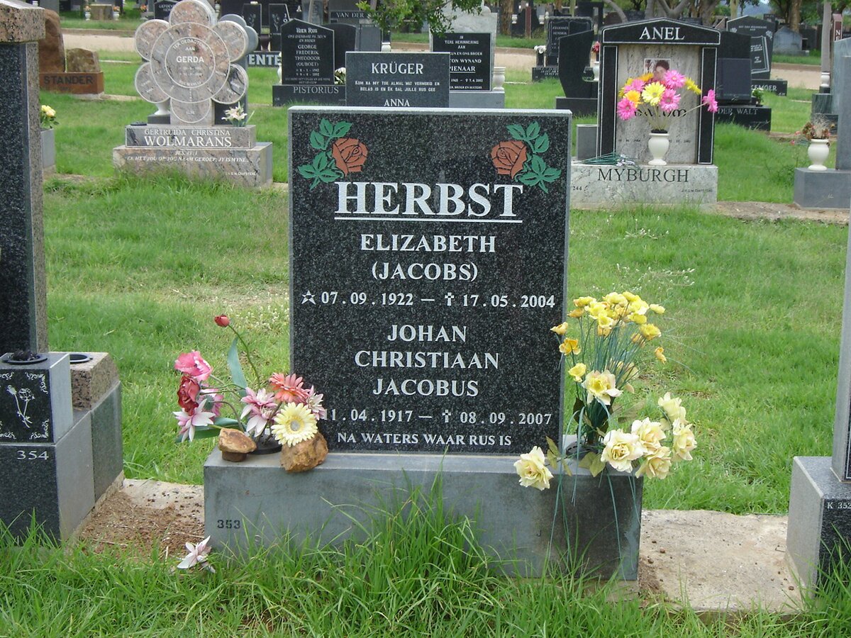 HERBST Johan Christiaan Jacobus 1917-2007 &amp; Elizabeth JACOBS 1938-2004