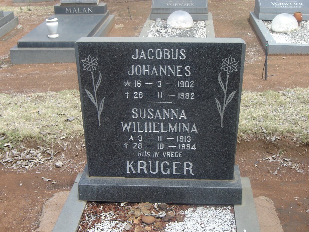 KRUGER Jacobus Johannes 1902-1982 &amp; Susanna Wilhelmina 1913-1994