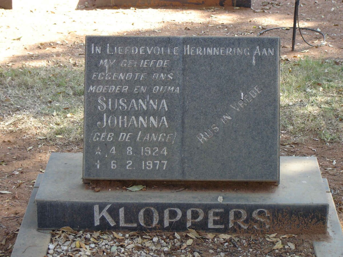 KLOPPERS Susanna Johanna nee DE LANGE 1924-1977