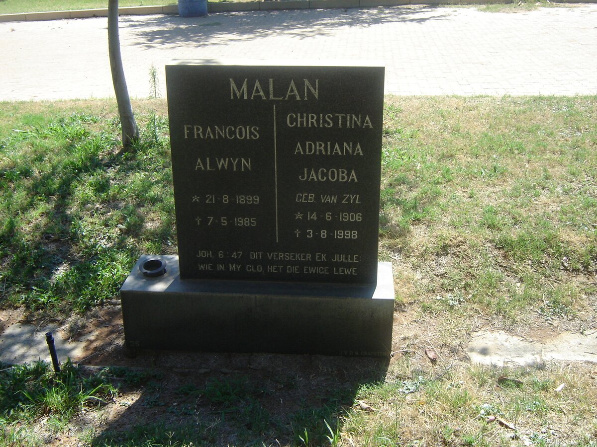 MALAN Francois Alwyn 1899-1985 &amp; Christina Adriana Jacoba VAN ZYL 1906-1998