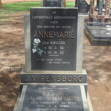 RENSBURG Annemarie, J.V. nee KRUGER 1956-1983 :: J.V. VUUREN Elise nee KRUGER 1959-1988