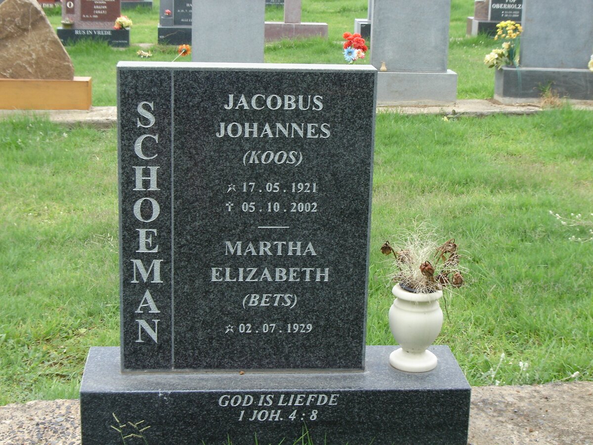 SCHOEMAN Jacobus Johannes 1921-2002 &amp; Martha Elizabeth 1929-