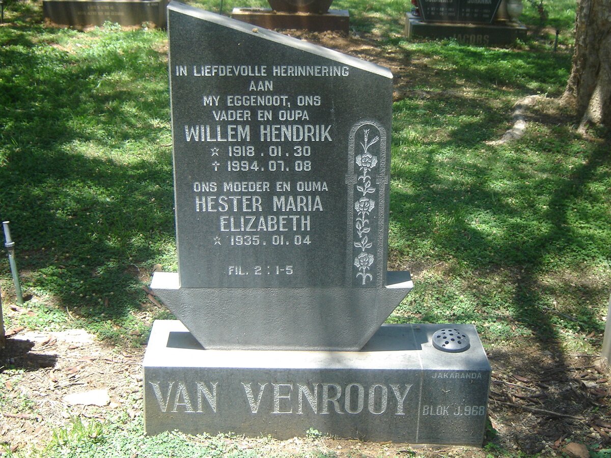 VENROOY Willem Hendrik, van 1918-1994 &amp; Hester Maria Elizabeth 1935-