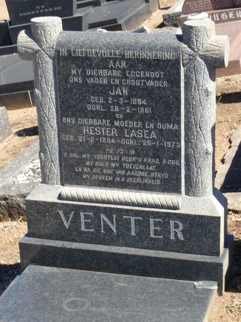 VENTER Jan 1884-1961 &amp; Hester Lasea 1884-1973