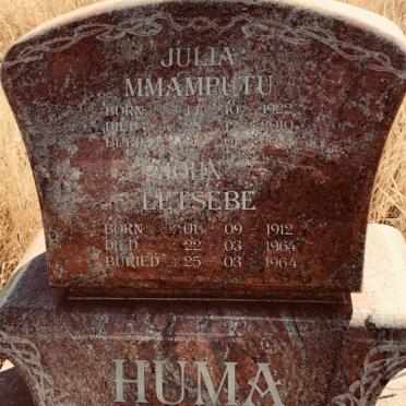 HUMA John Letsebe 1912-1964 &amp; Julia Mmamputu 1922-2010