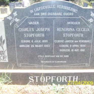 STOPFORTH Charles Joseph 1885-1963 &amp; Hendrina Cecilia JANSEN VAN RENSBURG 1884-1961