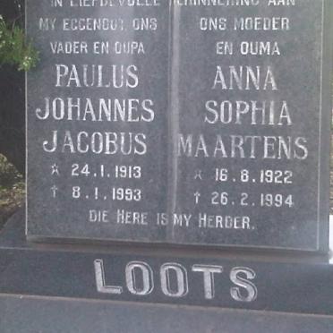 LOOTS Paulus Johannes Jacobus 1913-1993 &amp; Anna Sophia Maartens 1922-1994