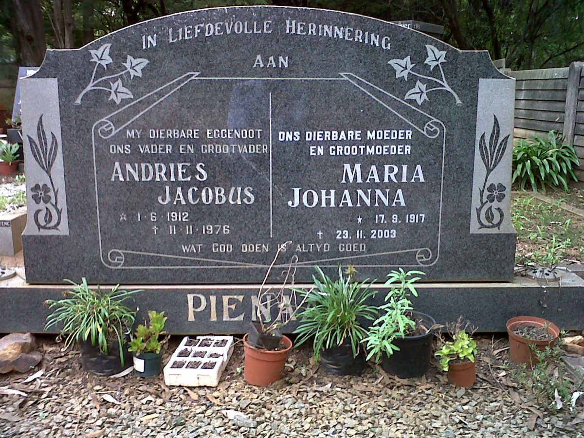 PIENAAR Andries Jacobus 1912-1976 &amp; Maria Johanna 1917-2003