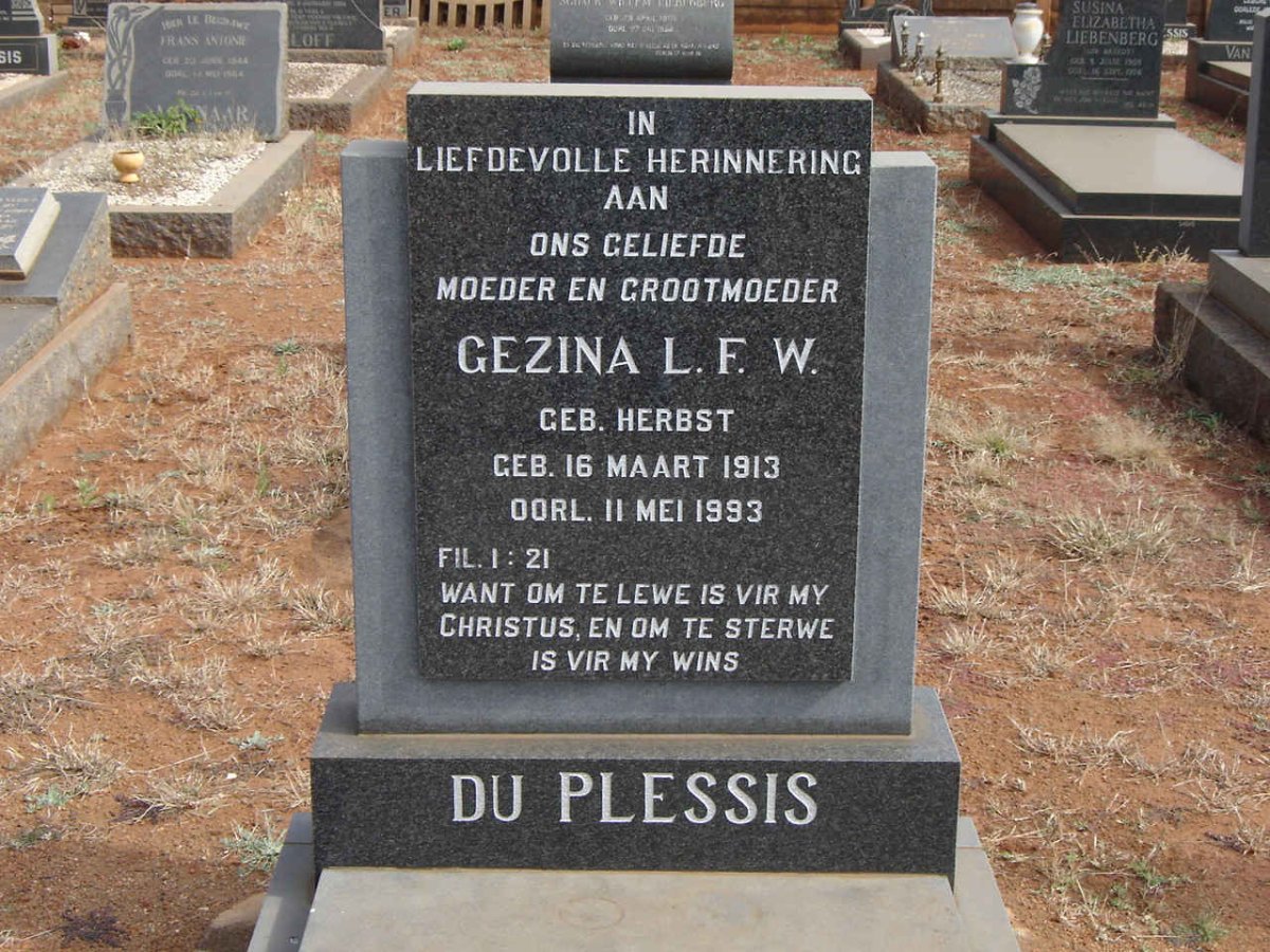 PLESSIS Gesina L.F.W., du nee HERBST 1913-1993