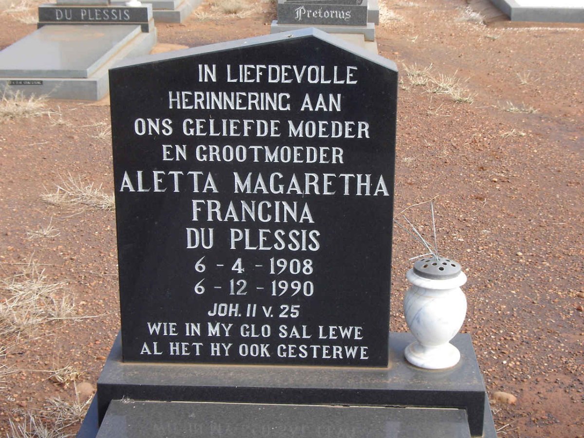 PLESSIS Aletta Margaretha Francina, du 1908-1990