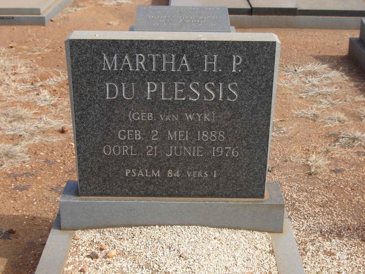 PLESSIS Martha H.P., du nee VAN WYK 1888-1976