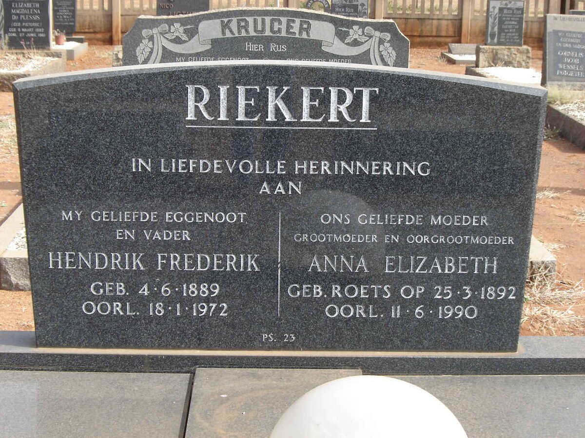 RIEKERT Hendrik Frederik 1889-1972 &amp; Anna Elizabeth ROETS 1892-1990