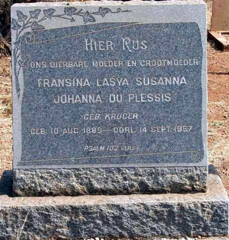 PLESSIS  Fransina Lasya Susanna Johanna, du  nee KRUGER 1889-1957