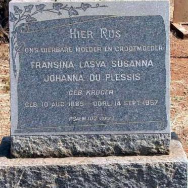 PLESSIS  Fransina Lasya Susanna Johanna, du  nee KRUGER 1889-1957