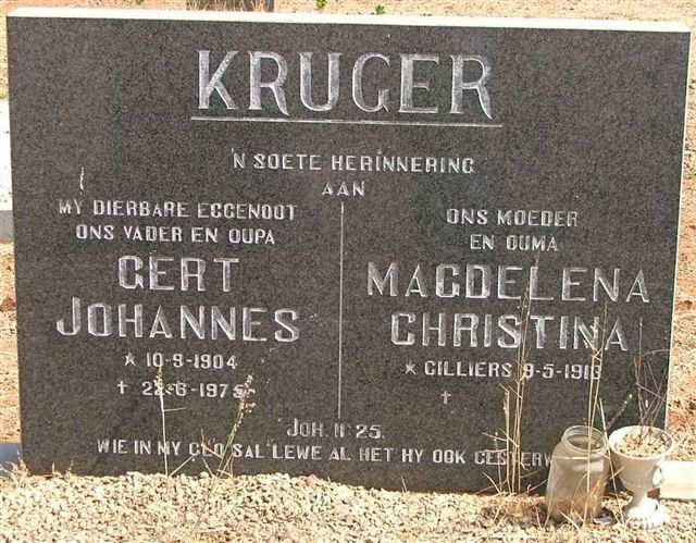 KRUGER  Gert Johannes 1904-1975 &amp; Magdelena Christina nee CILLIERS 1913-????