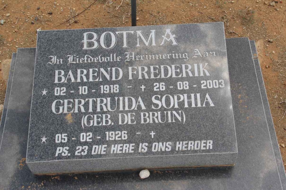 BOTMA Barend Frederik 1918-2003 &amp; Gertruida Sophia DE BRUIN 1926-