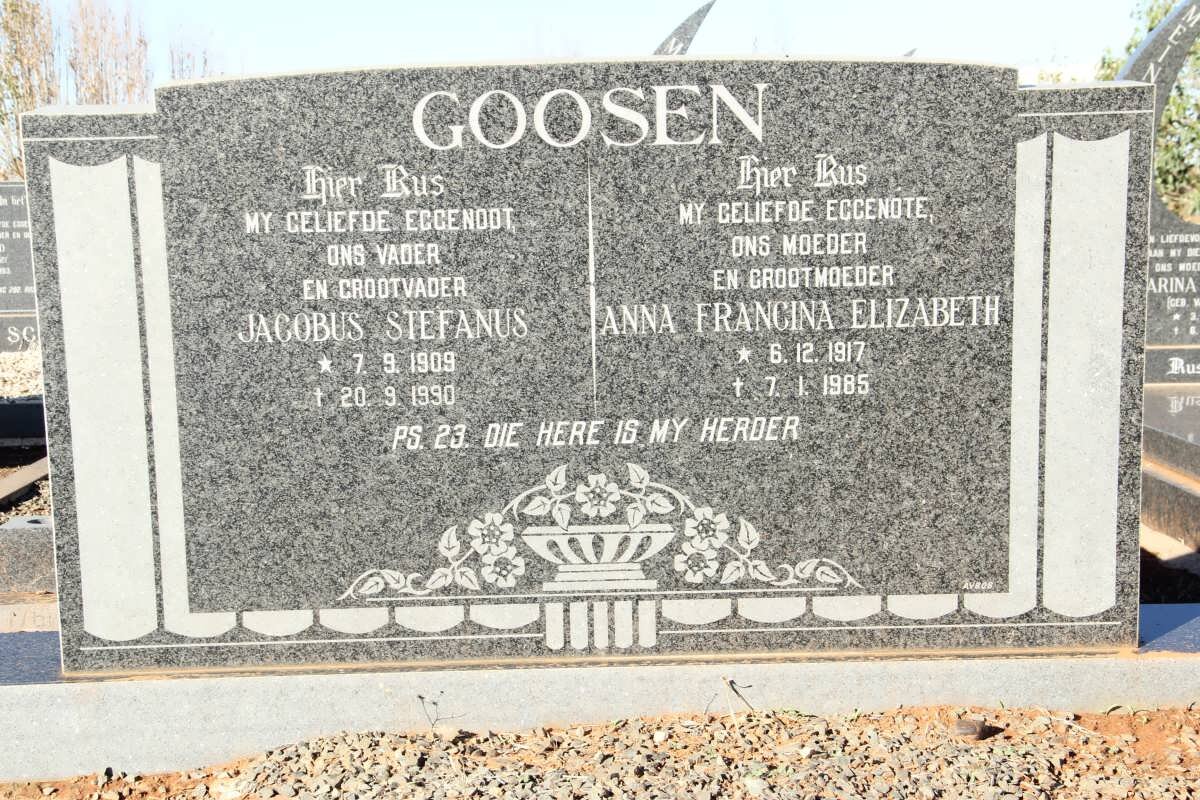 GOOSEN Jacobus Stefanus 1909-1990 &amp; Anna Francina Elizabeth 1917-1985