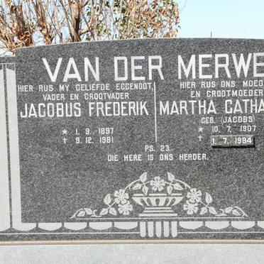 MERWE Jacobus Frederik, van der 1897-1981 &amp; Martha Catharina JACOBS 1907-1994