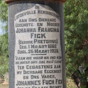 FICK Johannes Fuch 1862-1937 &amp; Johanna Francina PRETORIUS 1866-1926