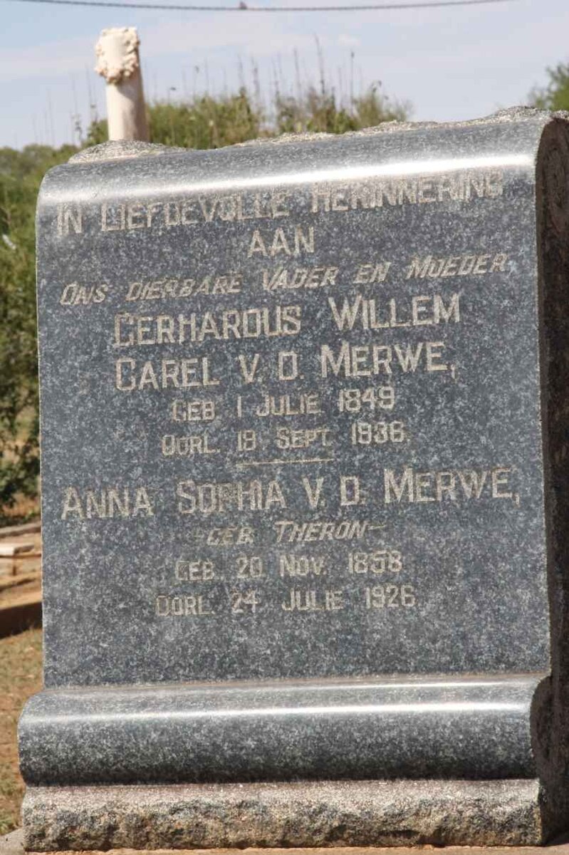 MERWE Gerhardus Willem Carel, v.d. 1849-1936 &amp; Anna Sophia THERON 1858-1926