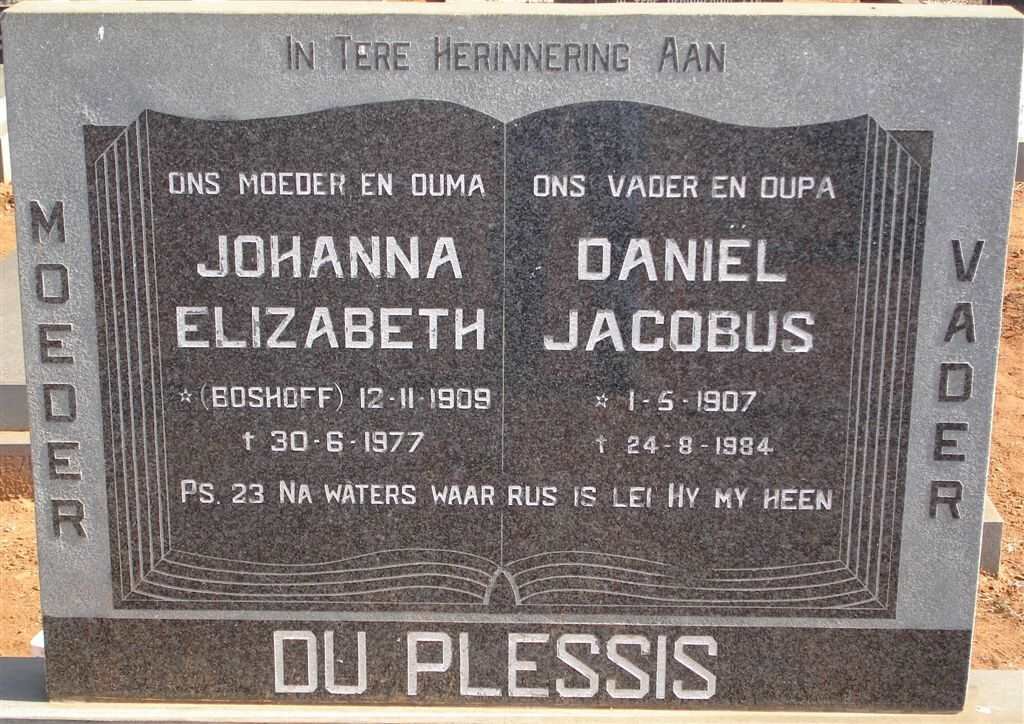 PLESSIS Daniel Jacobus, du 1907-1984 &amp; Johanna Elizabeth BOSHOFF 1909-1977