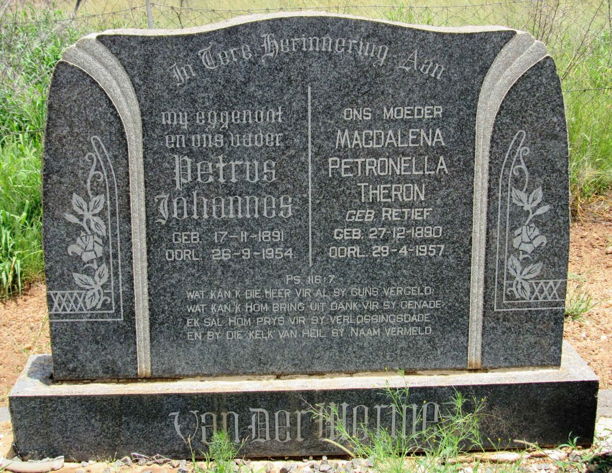MERWE Petrus Johannes, van der 1891-1954 &amp; Magdalena Petronella Theron RETIEF 1890-1957