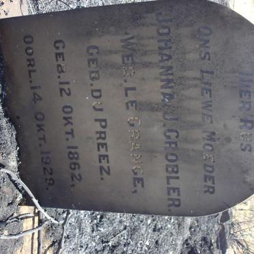 GROBLER Johanna J. voorheen LE GRANGE nee DU PREEZ 1862-1929