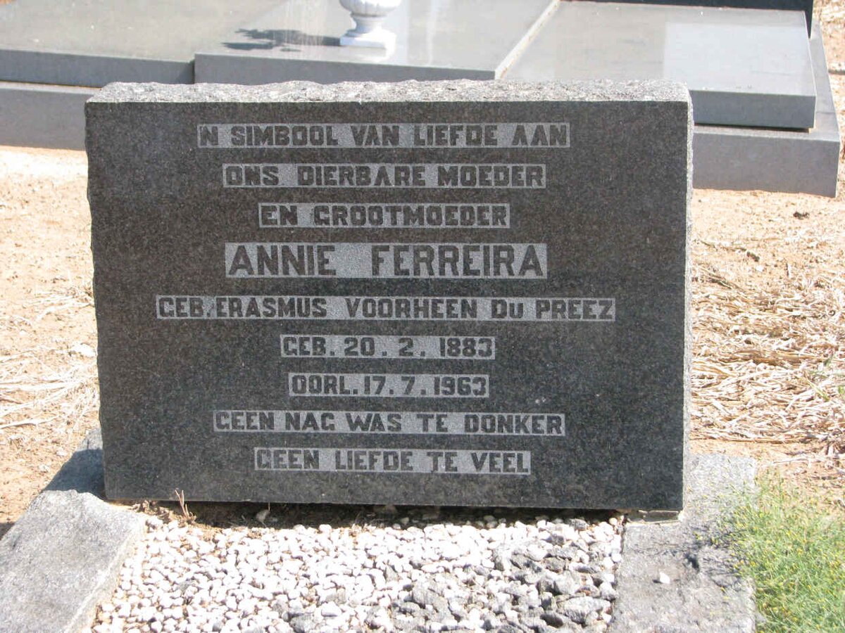 FERREIRA Annie formerly DU PREEZ nee ERASMUS 1883-1963