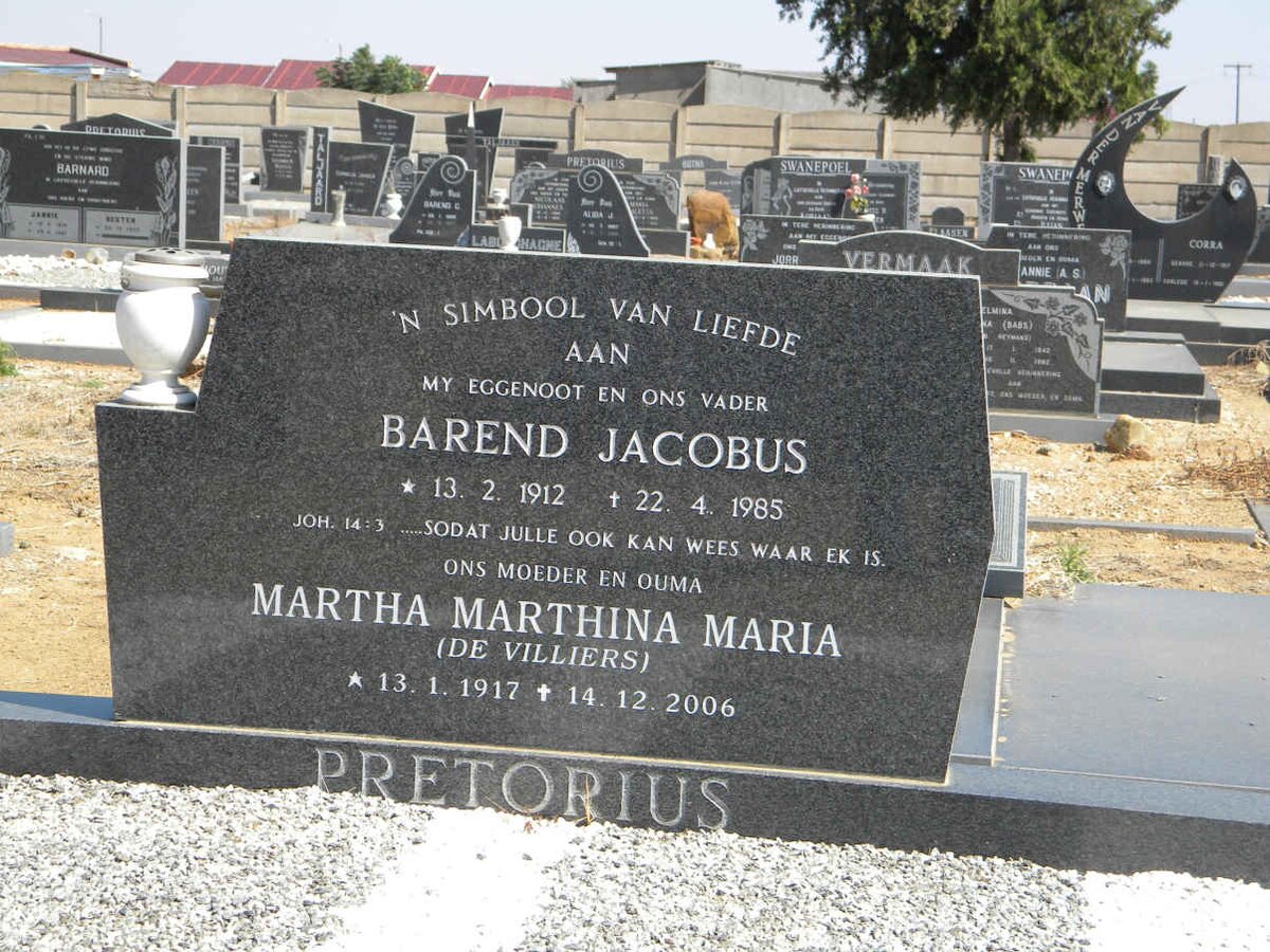 PRETORIUS Barend Jacobus 1912-1985 &amp; Martha Marthina Maria DE VILLIERS 1917-2006