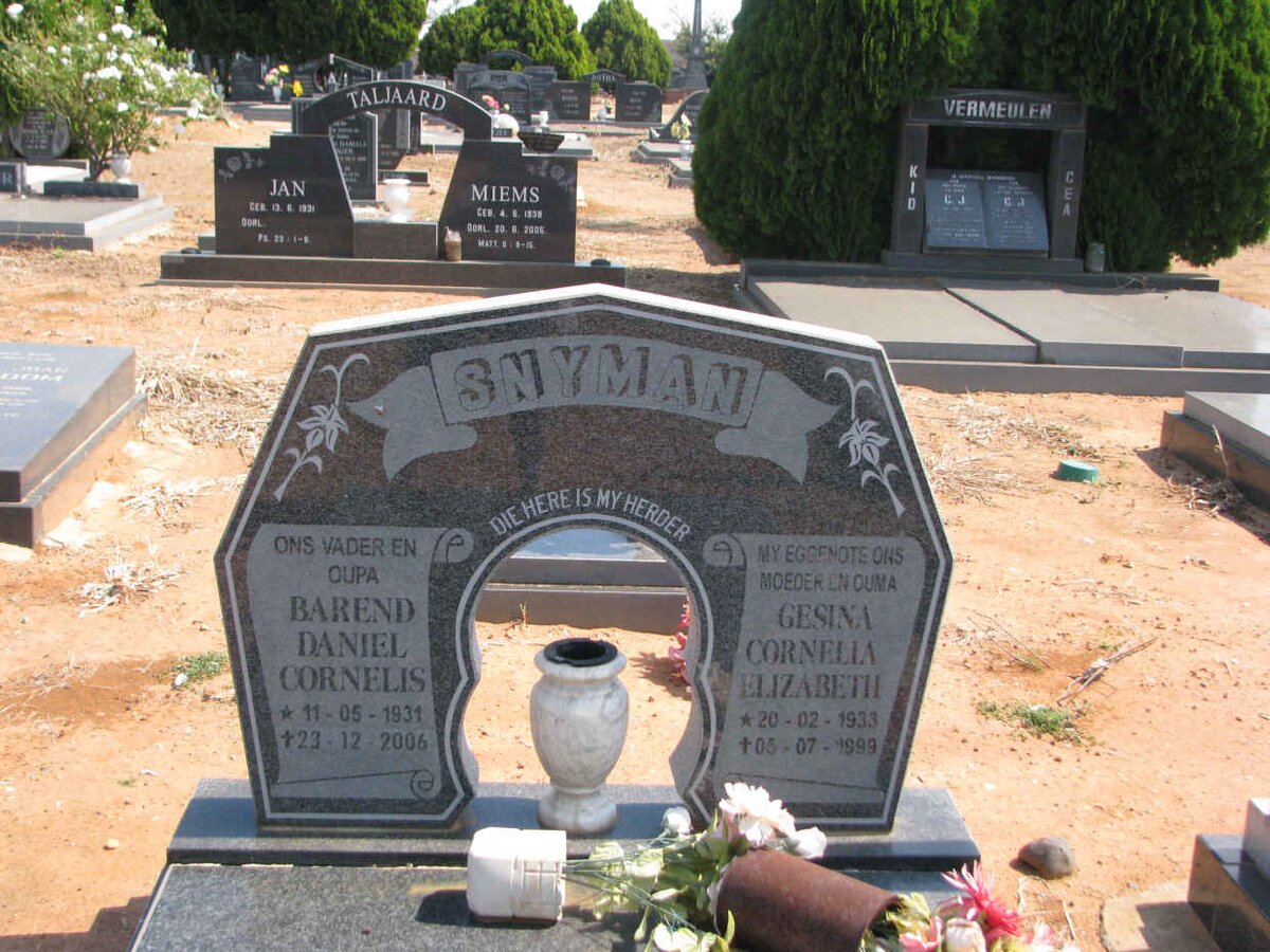 SNYMAN Barend Daniel Cornelis 1931-2006 &amp; Gesina Cornelia Elizabeth 1933-1999